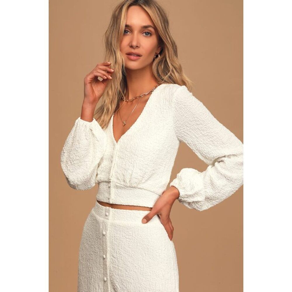Lulus Rules Of Romance White Button-up Long Sleeve Crop Top - Size Small